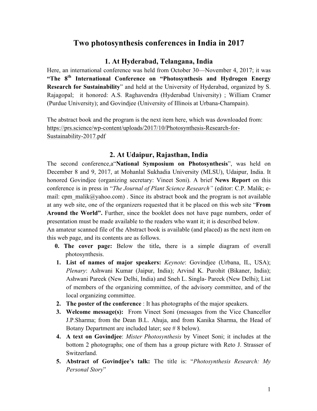 Two Photosynthesis Conferences in India in 2017