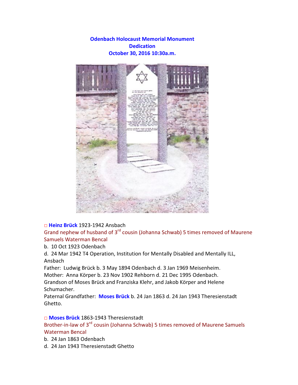 Odenbach Holocaust Memorial Monument Dedication October 30, 2016 10:30A.M