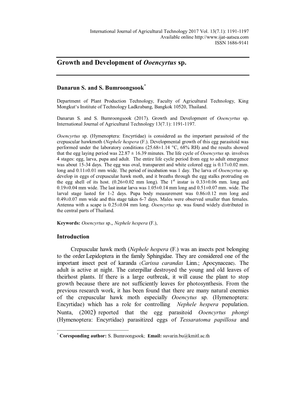 Growth and Development of Ooencyrtus Sp