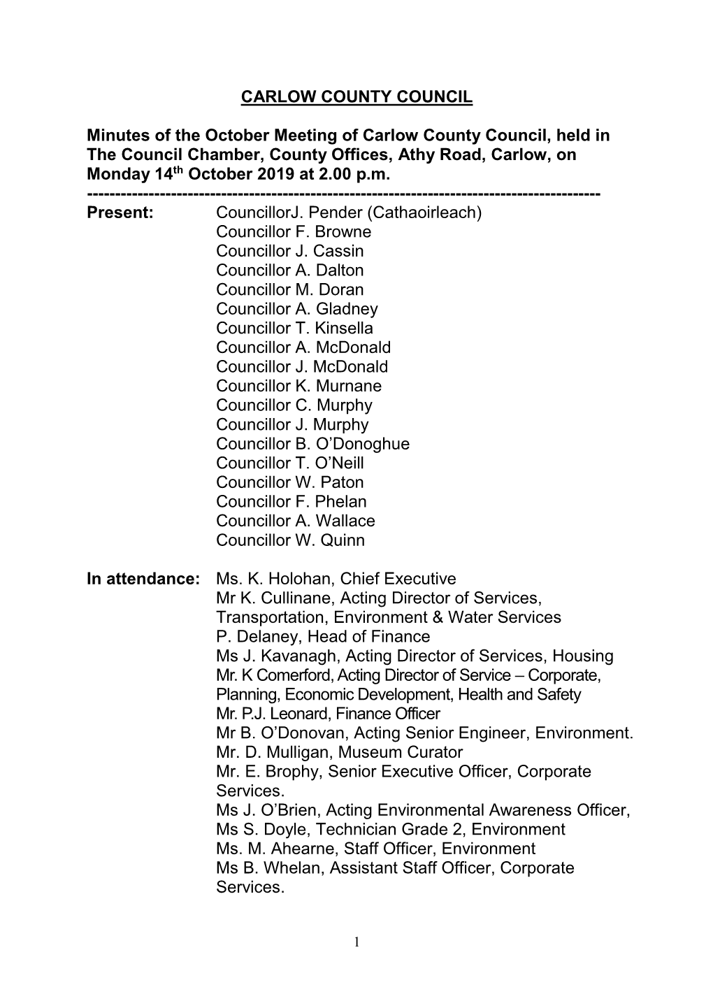 CARLOW COUNTY COUNCIL Minutes of the October Meeting Of