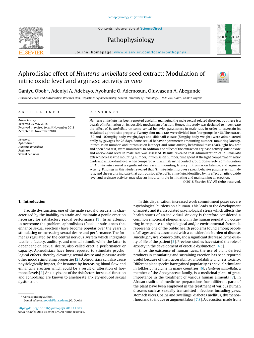 Aphrodisiac Effect of Hunteria Umbellata Seed Extract: Modulation Of