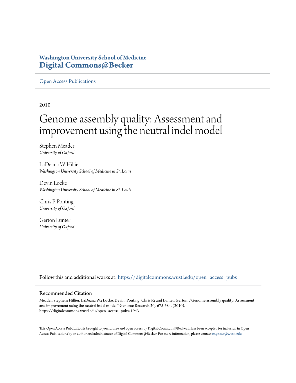 Genome Assembly Quality: Assessment and Improvement Using the Neutral Indel Model Stephen Meader University of Oxford