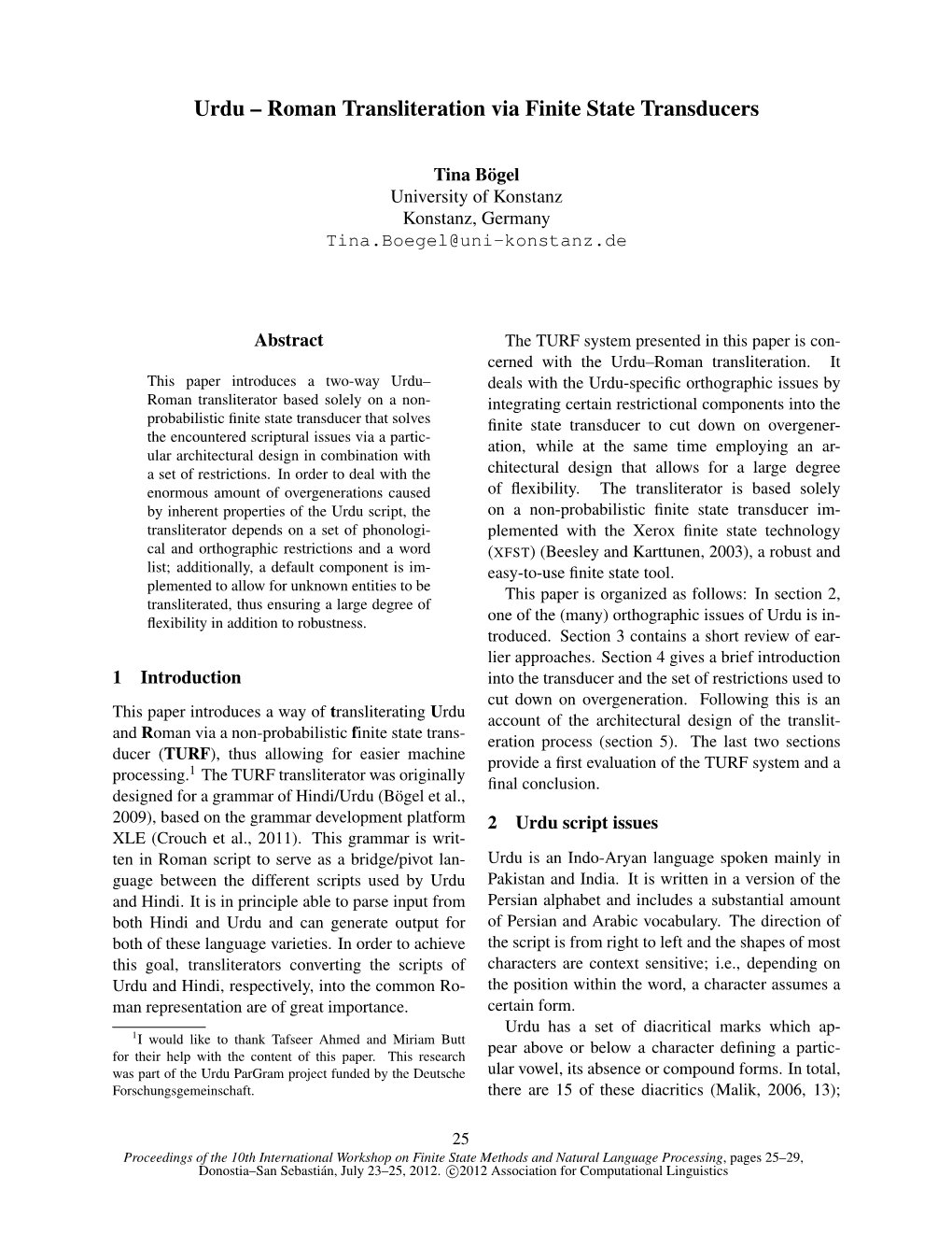 Urdu – Roman Transliteration Via Finite State Transducers