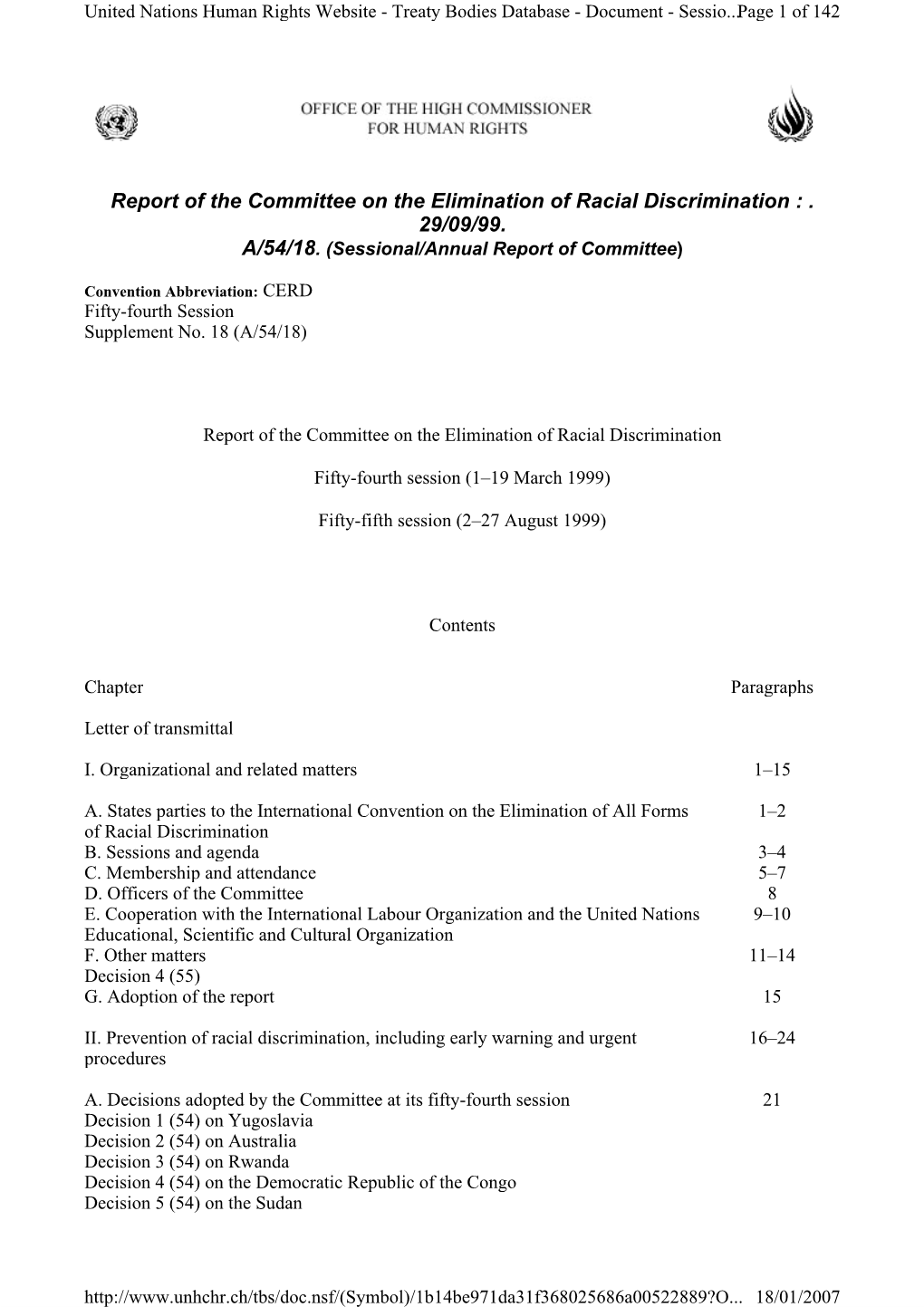 Report of the Committee on the Elimination of Racial Discrimination