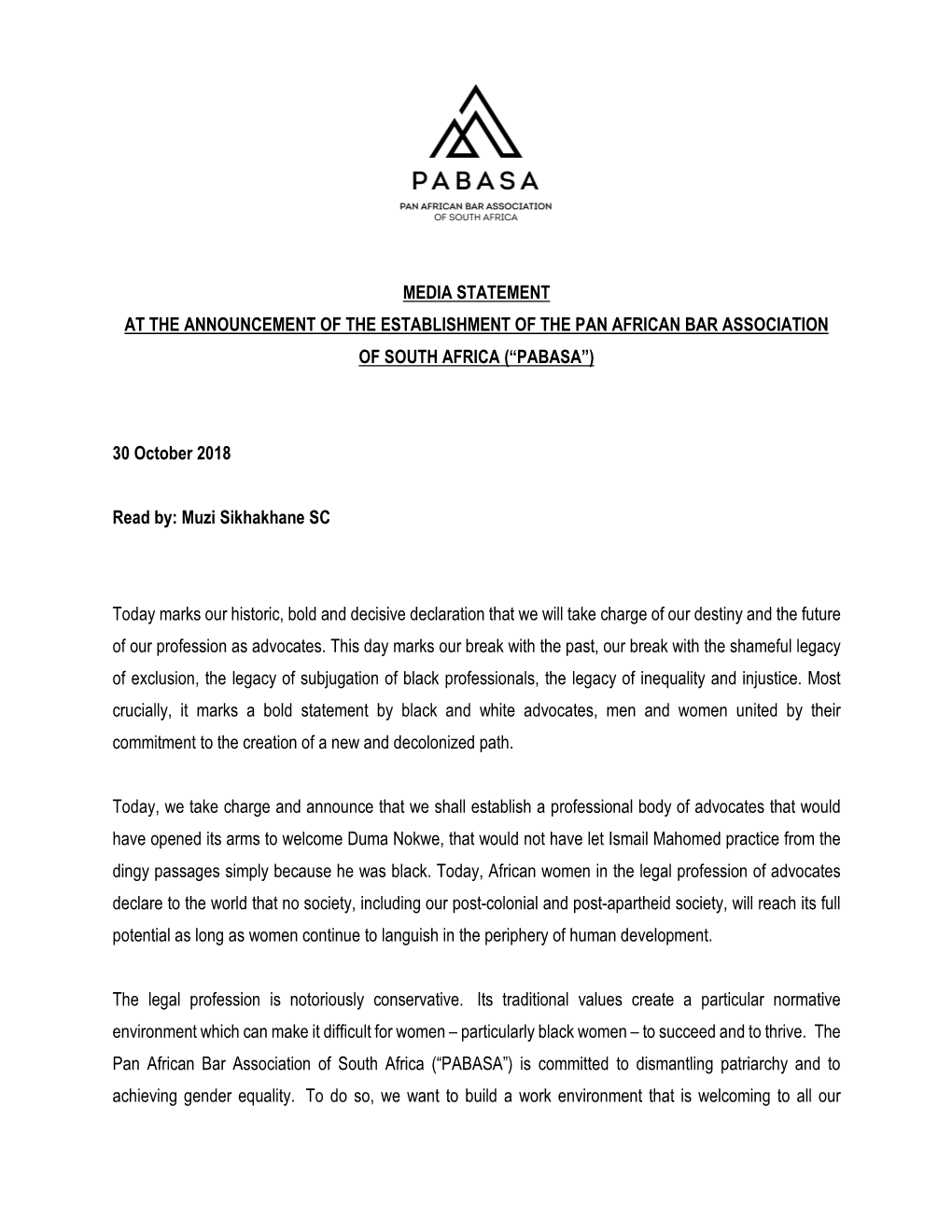 Media Statement at the Announcement of the Establishment of the Pan African Bar Association of South Africa (“Pabasa”)