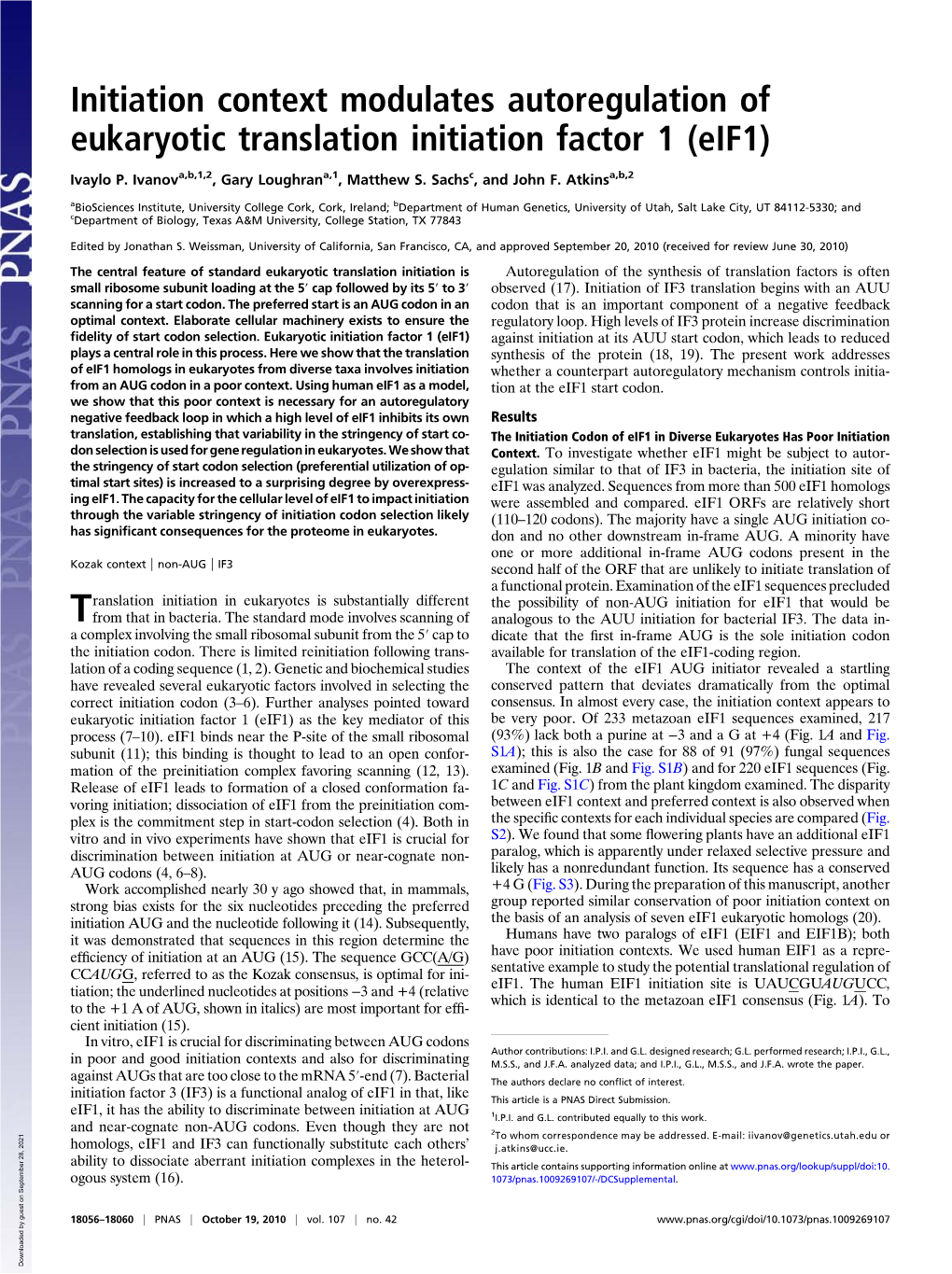 Initiation Context Modulates Autoregulation of Eukaryotic Translation Initiation Factor 1 (Eif1)