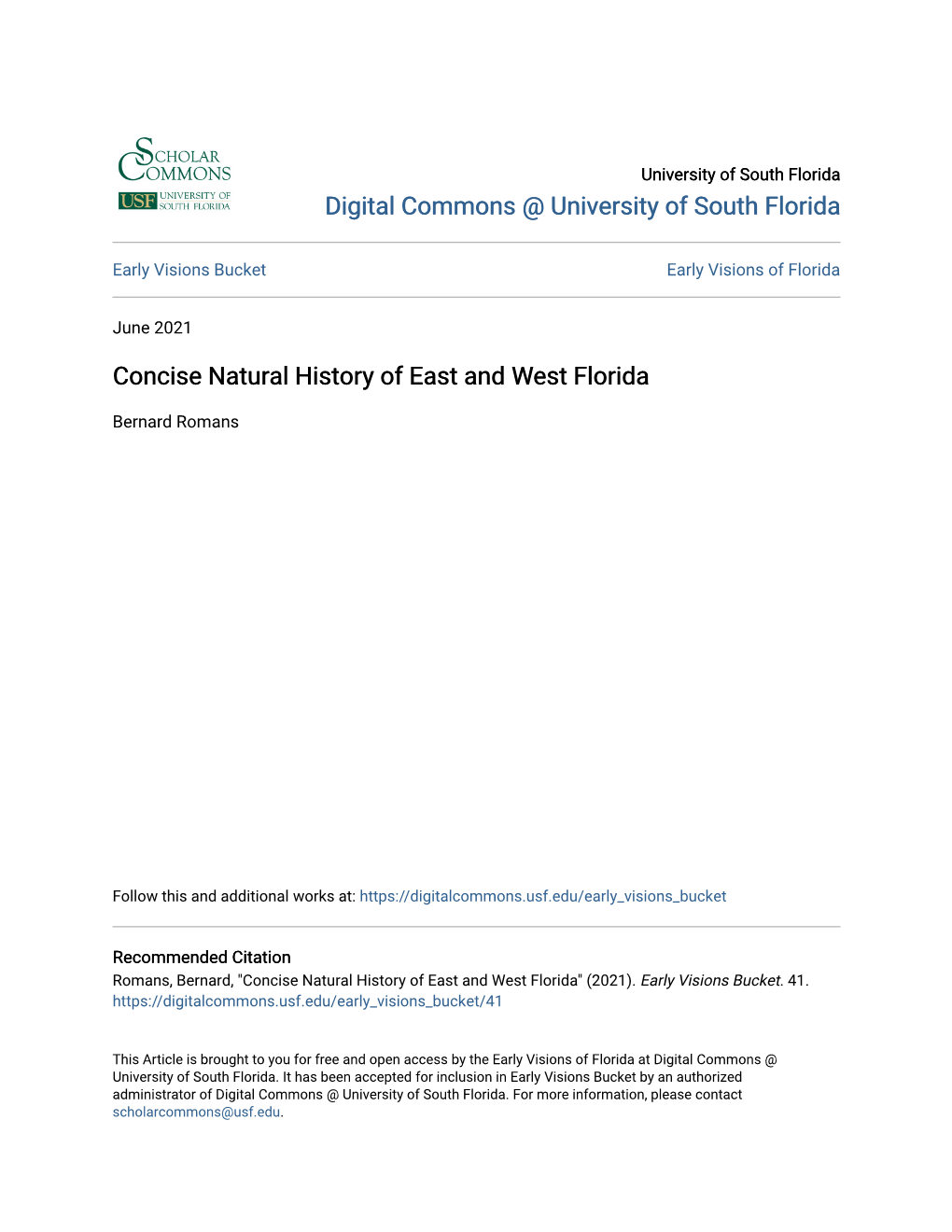 Bernard Romans, a Concise Natural History of East and West Florida Early Visions of Florida