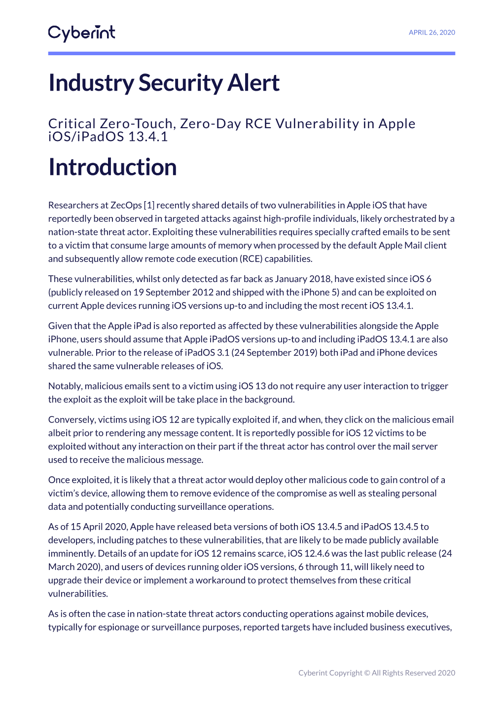 Critical Zero-Touch, Zero-Day RCE Vulnerability in Apple Ios/Ipados 13.4.1