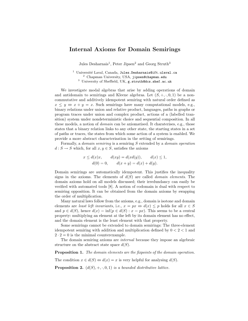 Internal Axioms for Domain Semirings