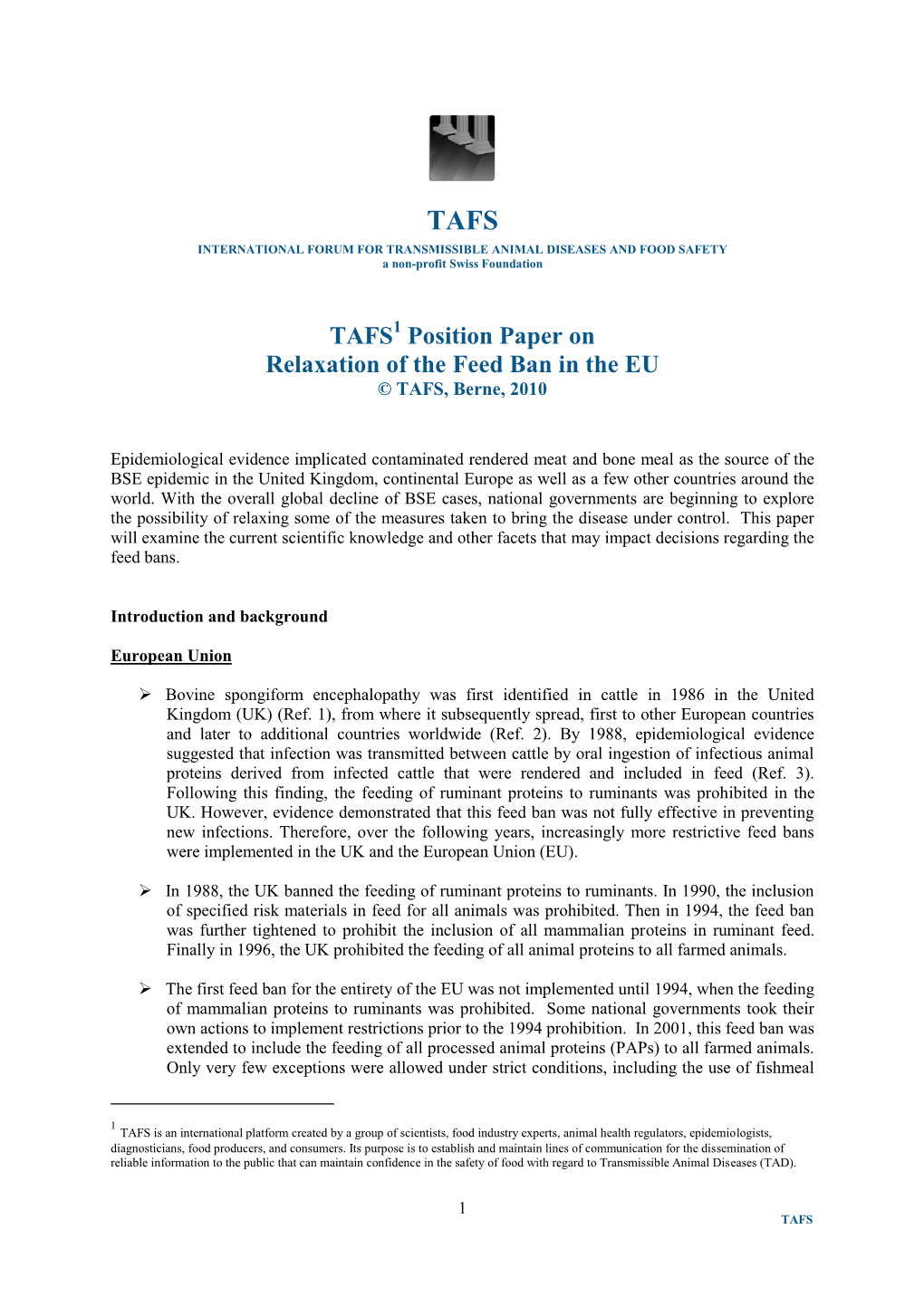 TAFS Position Paper on Relaxation of the Feed Ban in the EU