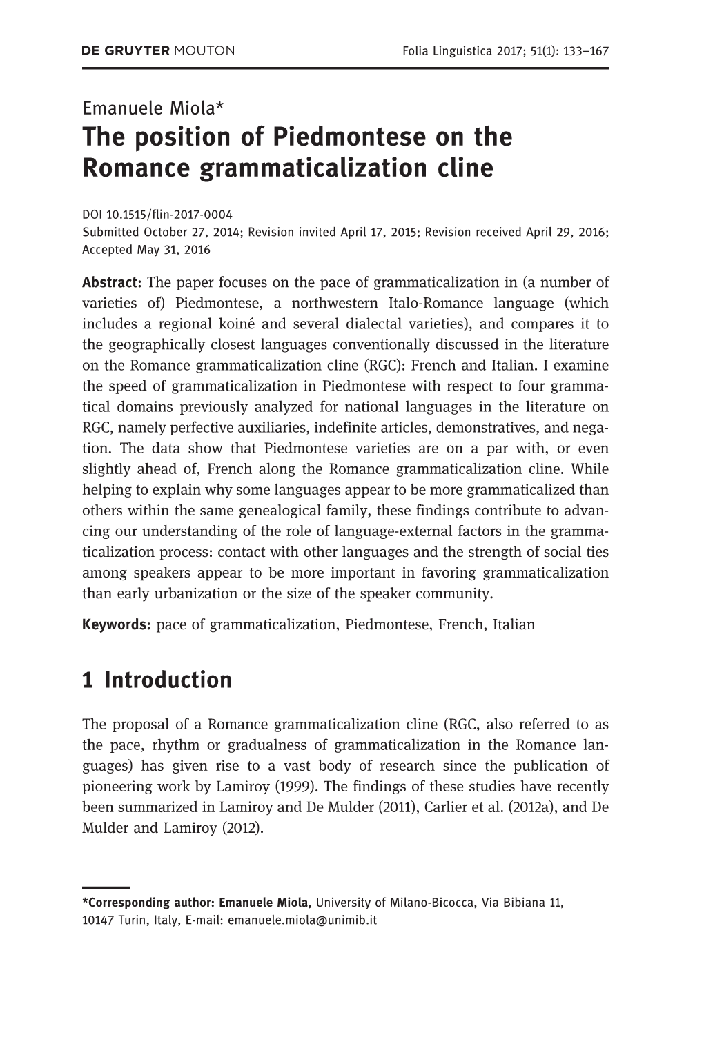 The Position of Piedmontese on the Romance Grammaticalization Cline