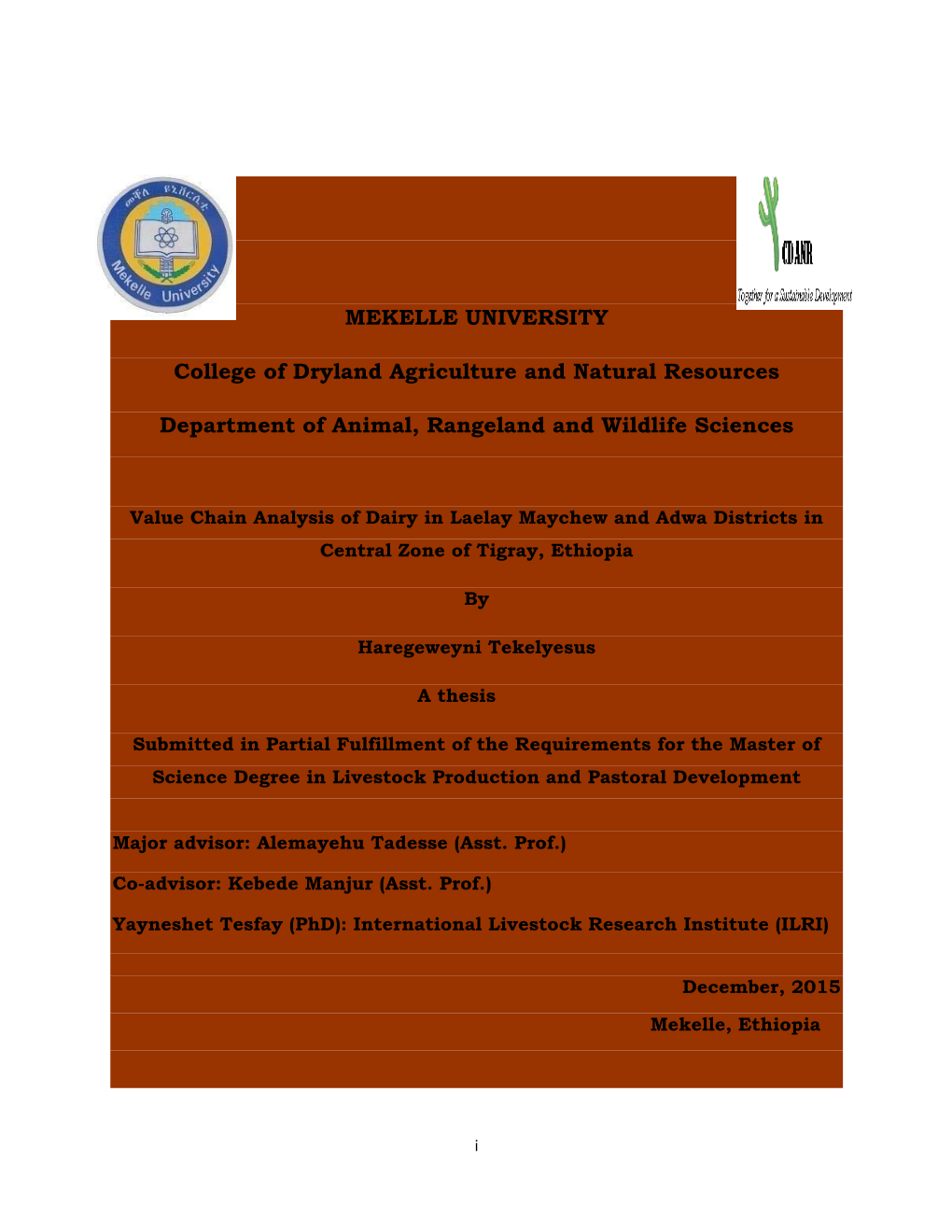 MEKELLE UNIVERSITY College of Dryland Agriculture and Natural