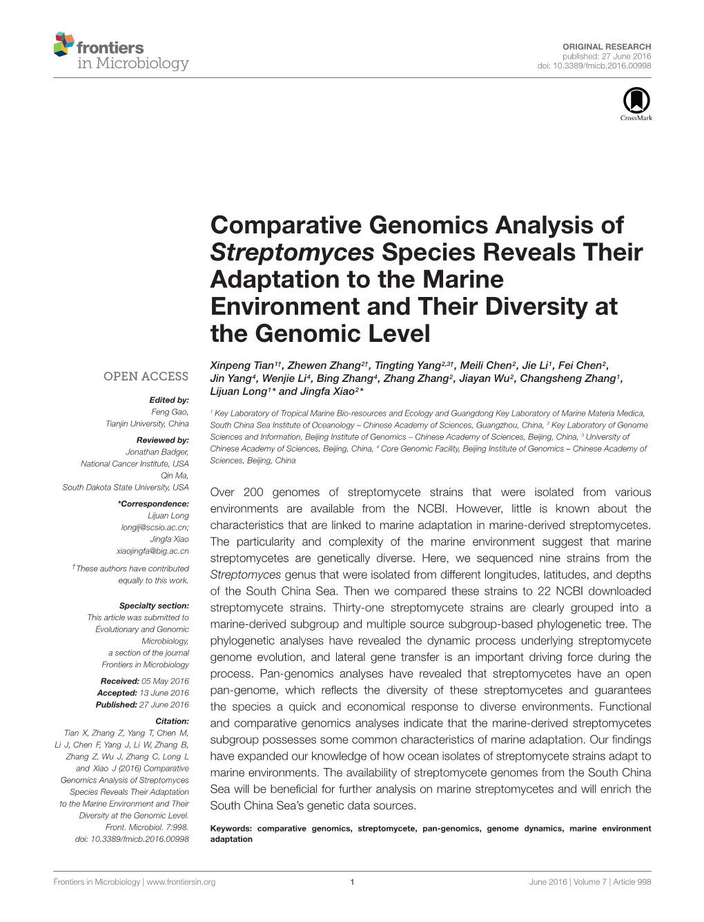 Comparative Genomics Analysis of Streptomyces Species Reveals Their Adaptation to the Marine Environment and Their Diversity at the Genomic Level