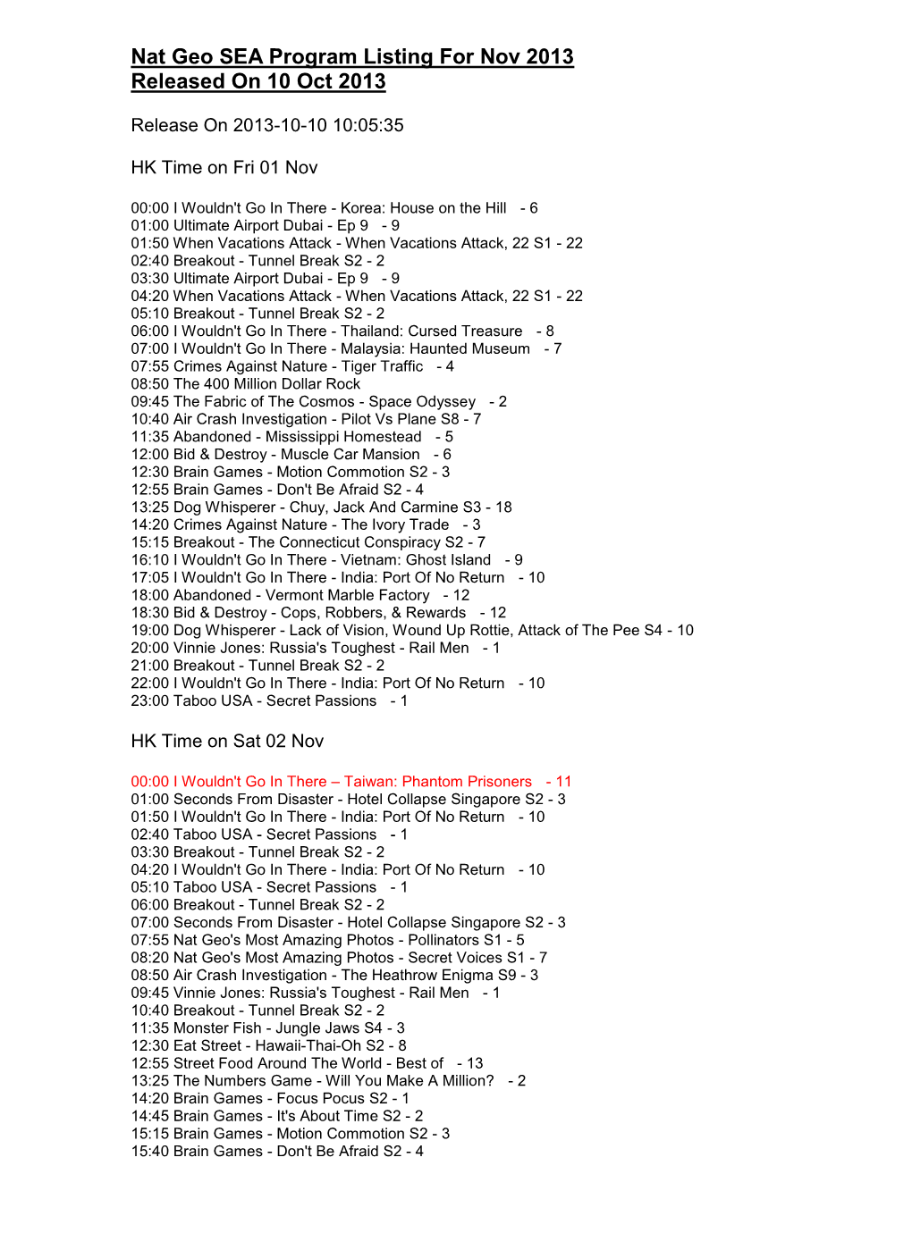 Nat Geo SEA Program Listing for Nov 2013 Released on 10 Oct 2013