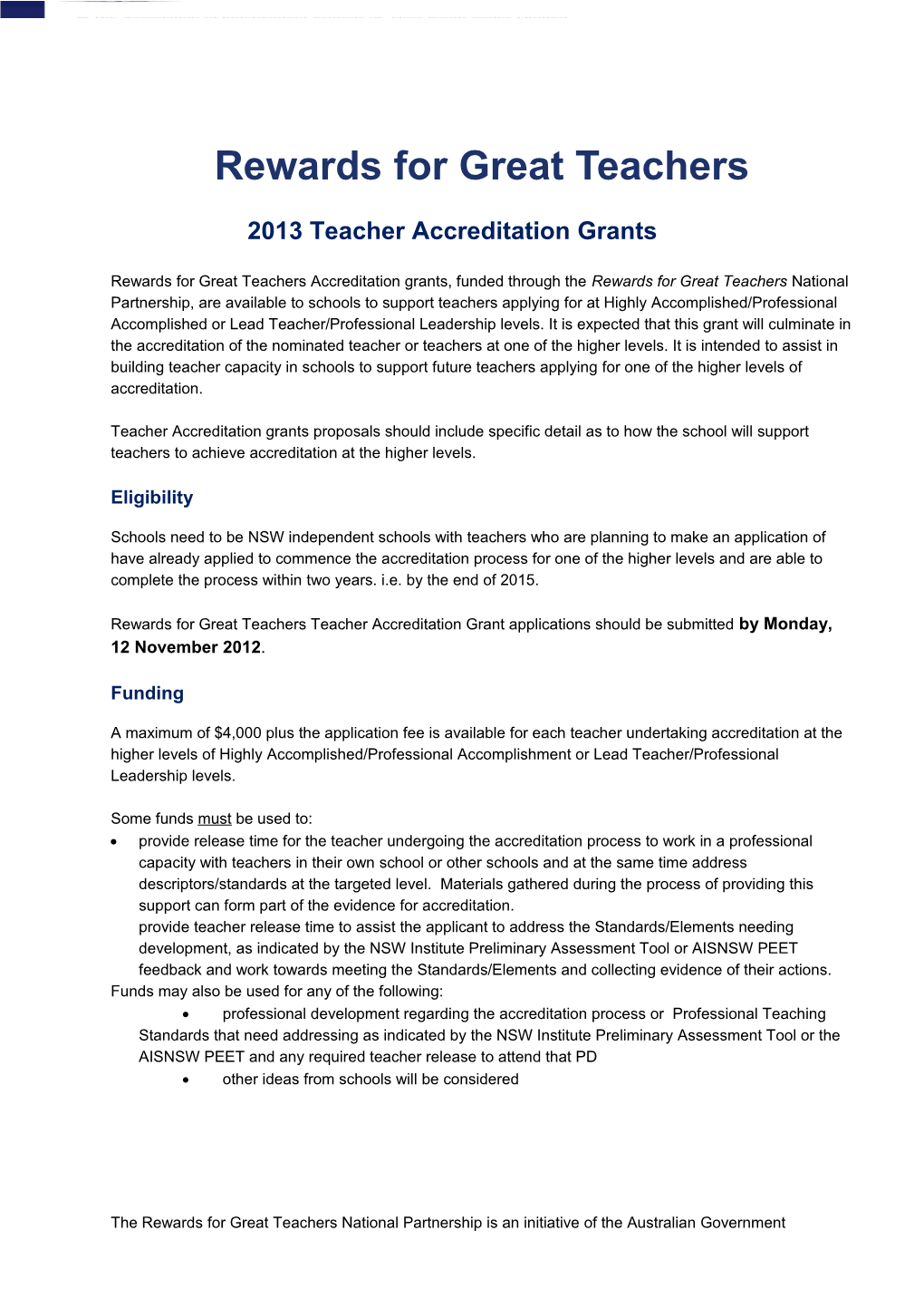 Rewards for Great Teachers 2013 Teacher Accreditation Grants