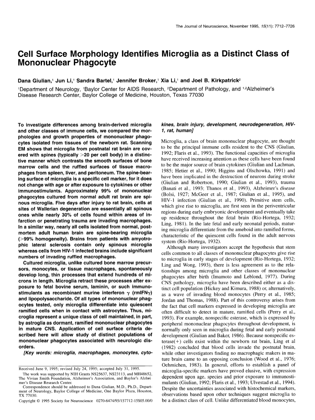 Cell Surface Morphology Identifies Microglia As a Distinct Class of Mononuclear Phagocyte