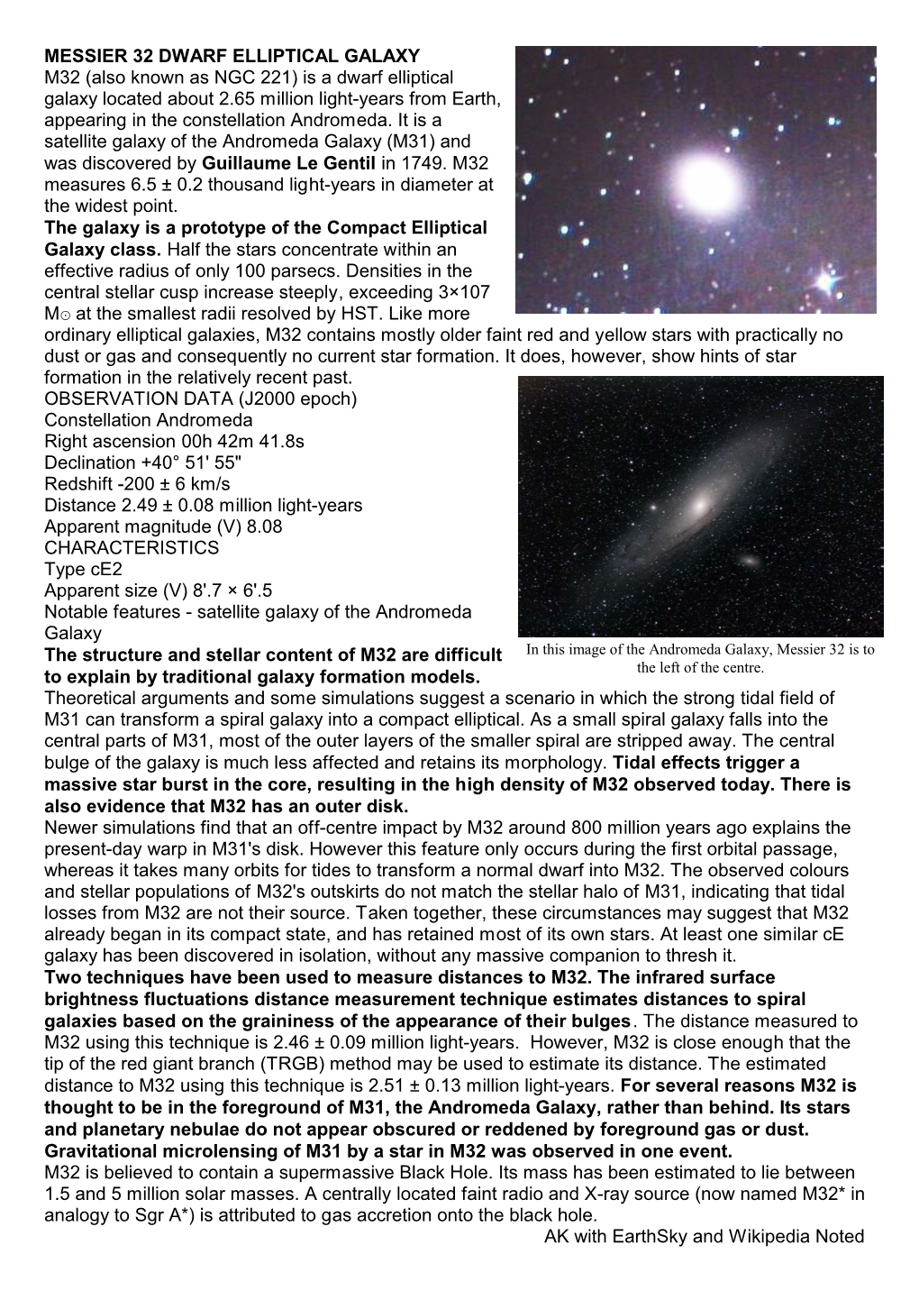 MESSIER 32 DWARF ELLIPTICAL GALAXY M32 (Also Known As NGC