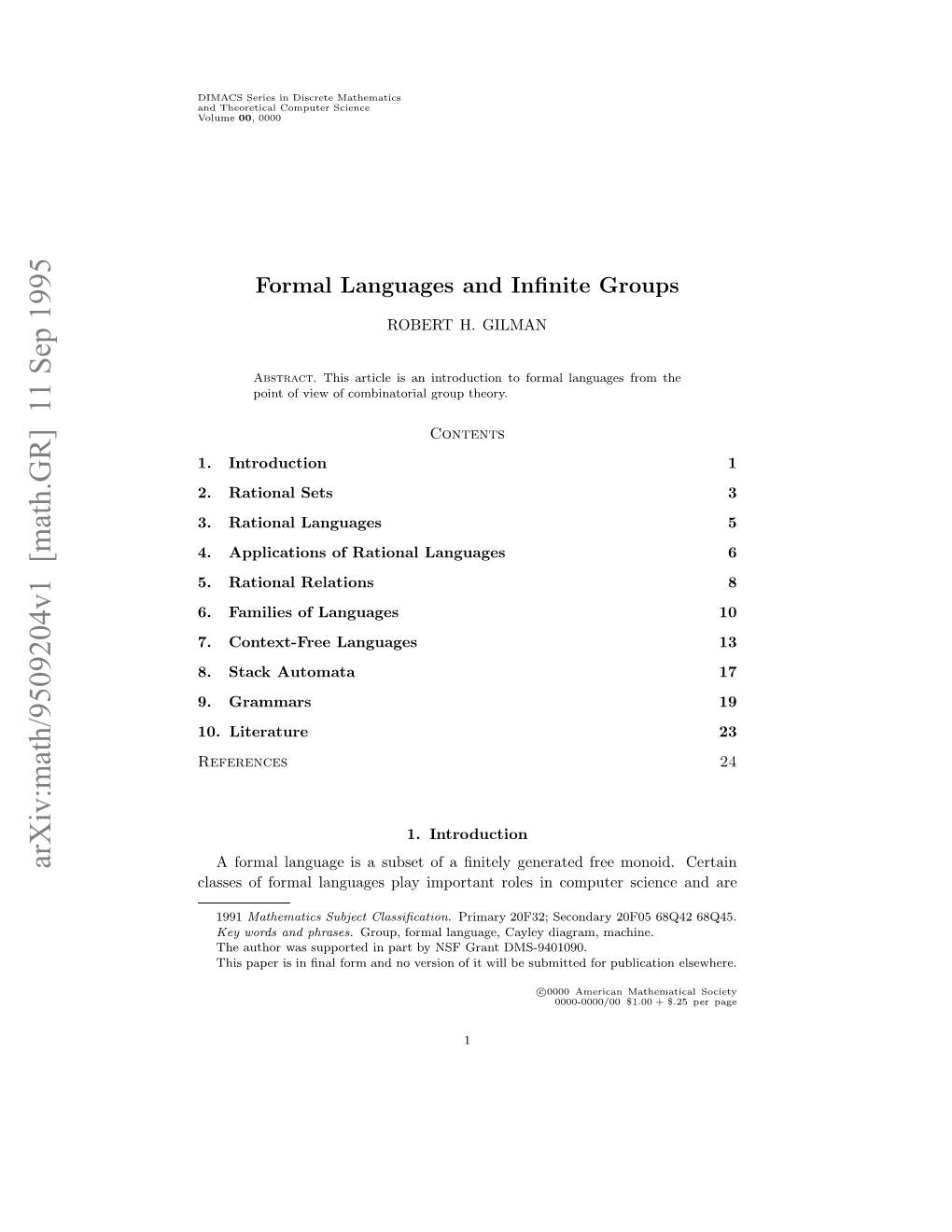 Arxiv:Math/9509204V1 [Math.GR] 11 Sep 1995