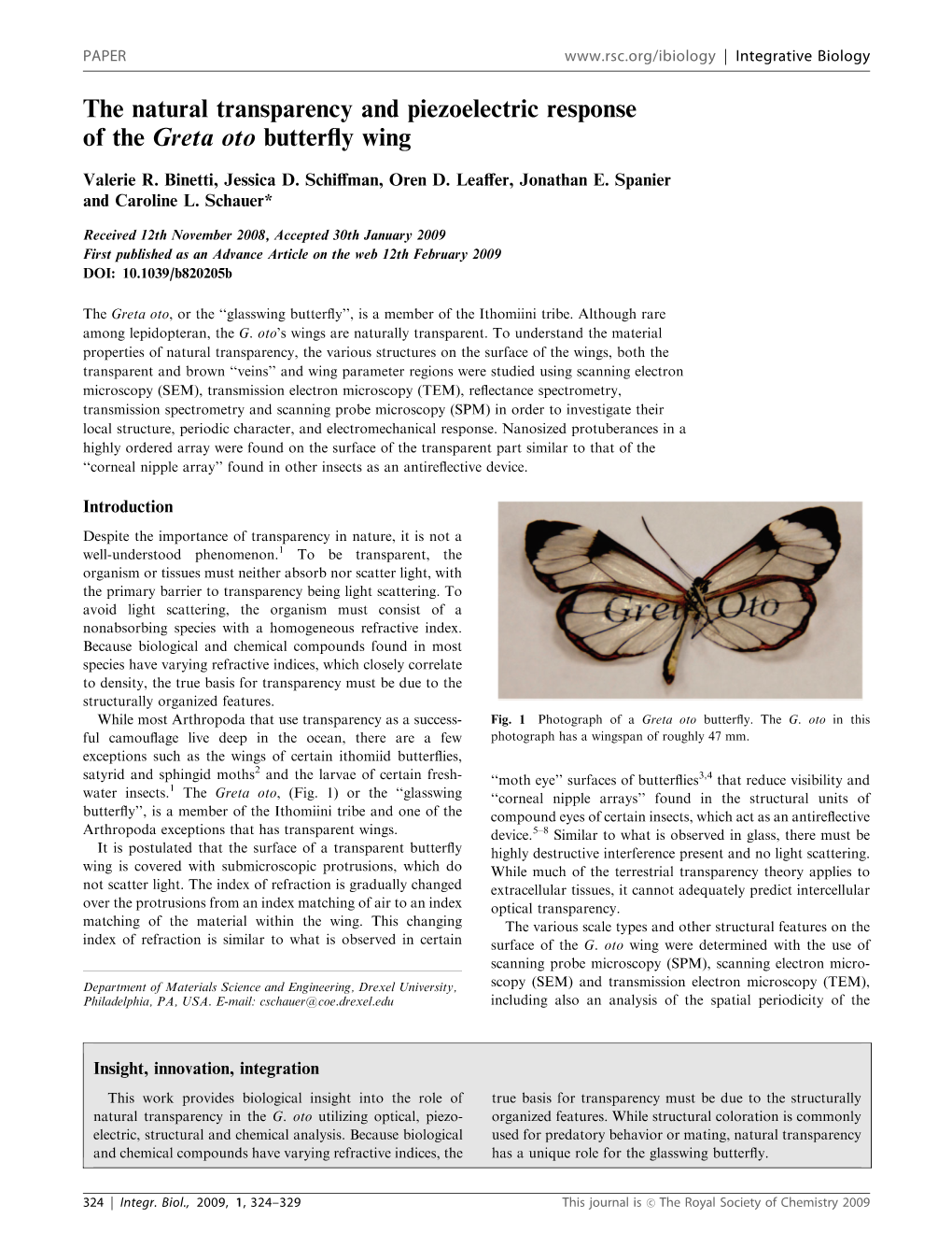 The Natural Transparency and Piezoelectric Response of the Greta Oto Butterﬂy Wing