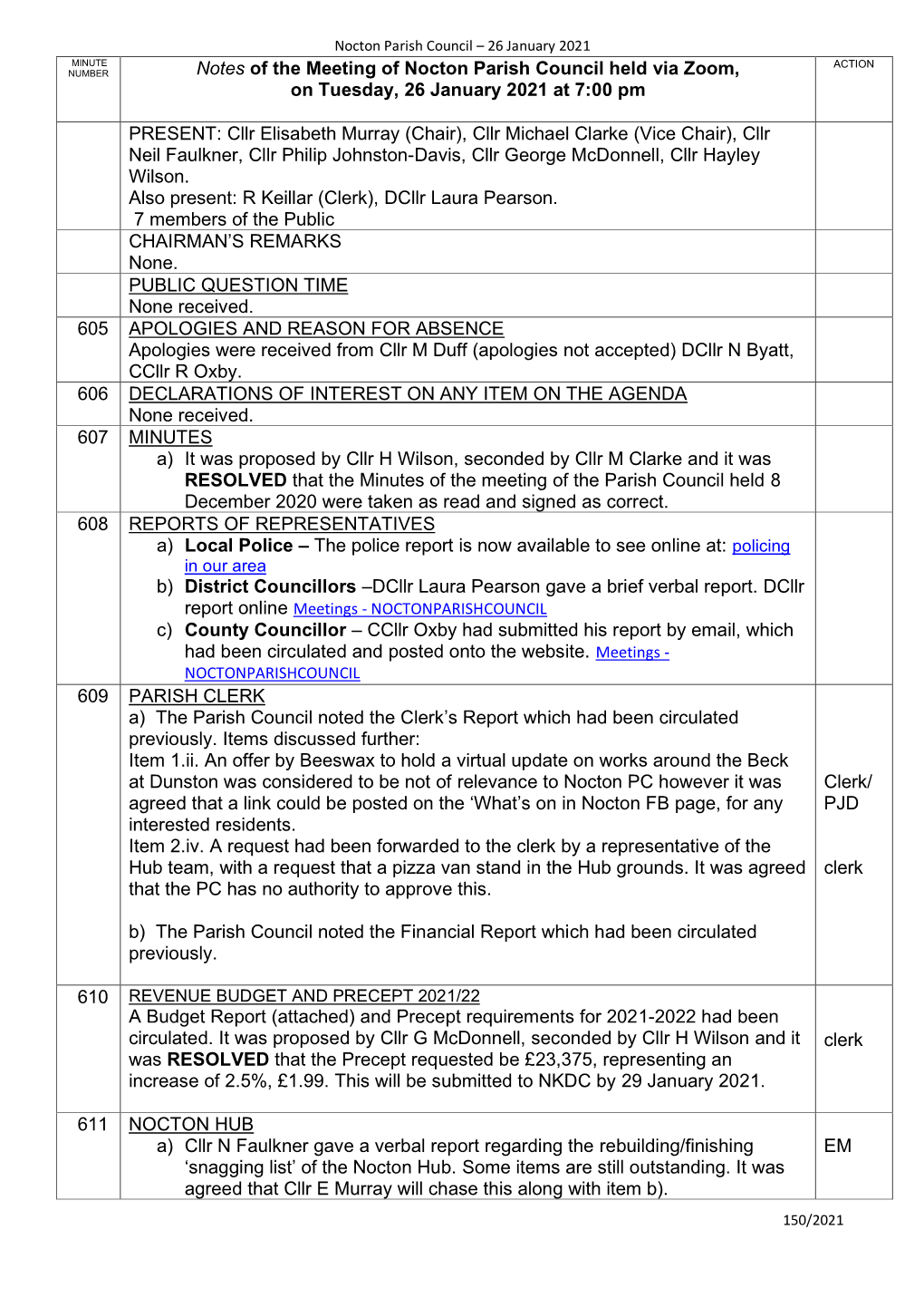 Notes of the Meeting of Nocton Parish Council Held Via Zoom, on Tuesday, 26 January 2021 at 7:00 Pm