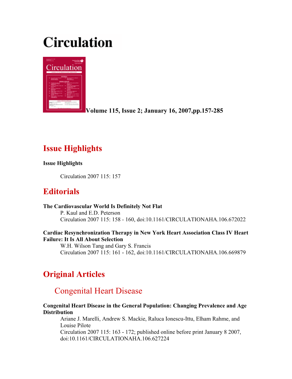 Issue Highlights Editorials Original Articles Congenital Heart Disease