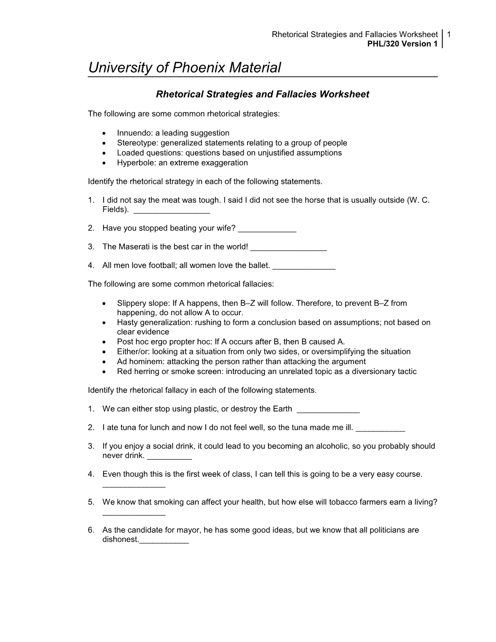 Rhetorical Strategies and Fallacies Worksheet