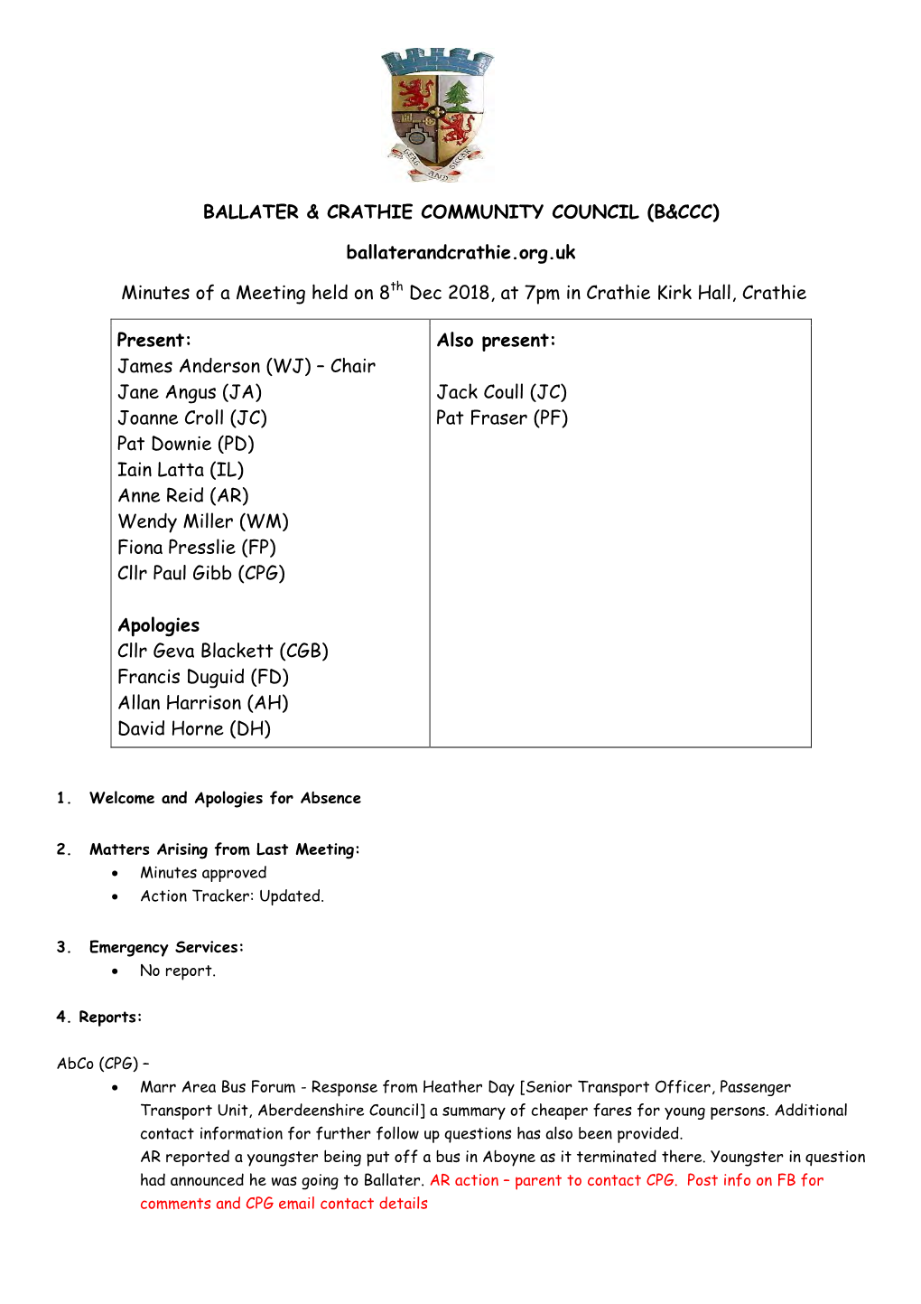 BALLATER & CRATHIE COMMUNITY COUNCIL (B&CCC) Ballaterandcrathie.Org.Uk Minutes of a Meeting Held on 8Th Dec 2018, At