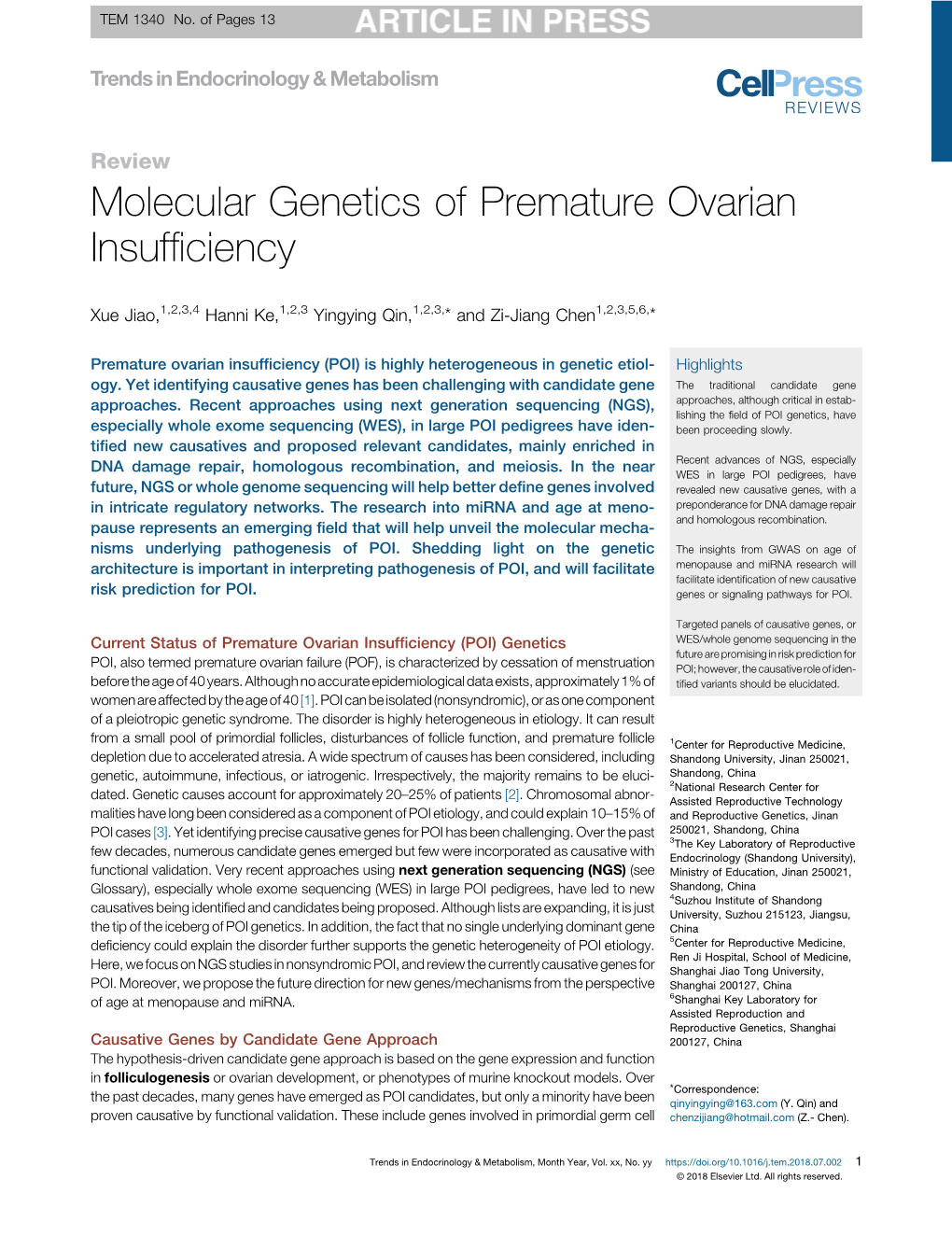 Molecular Genetics of Premature Ovarian Insufficiency