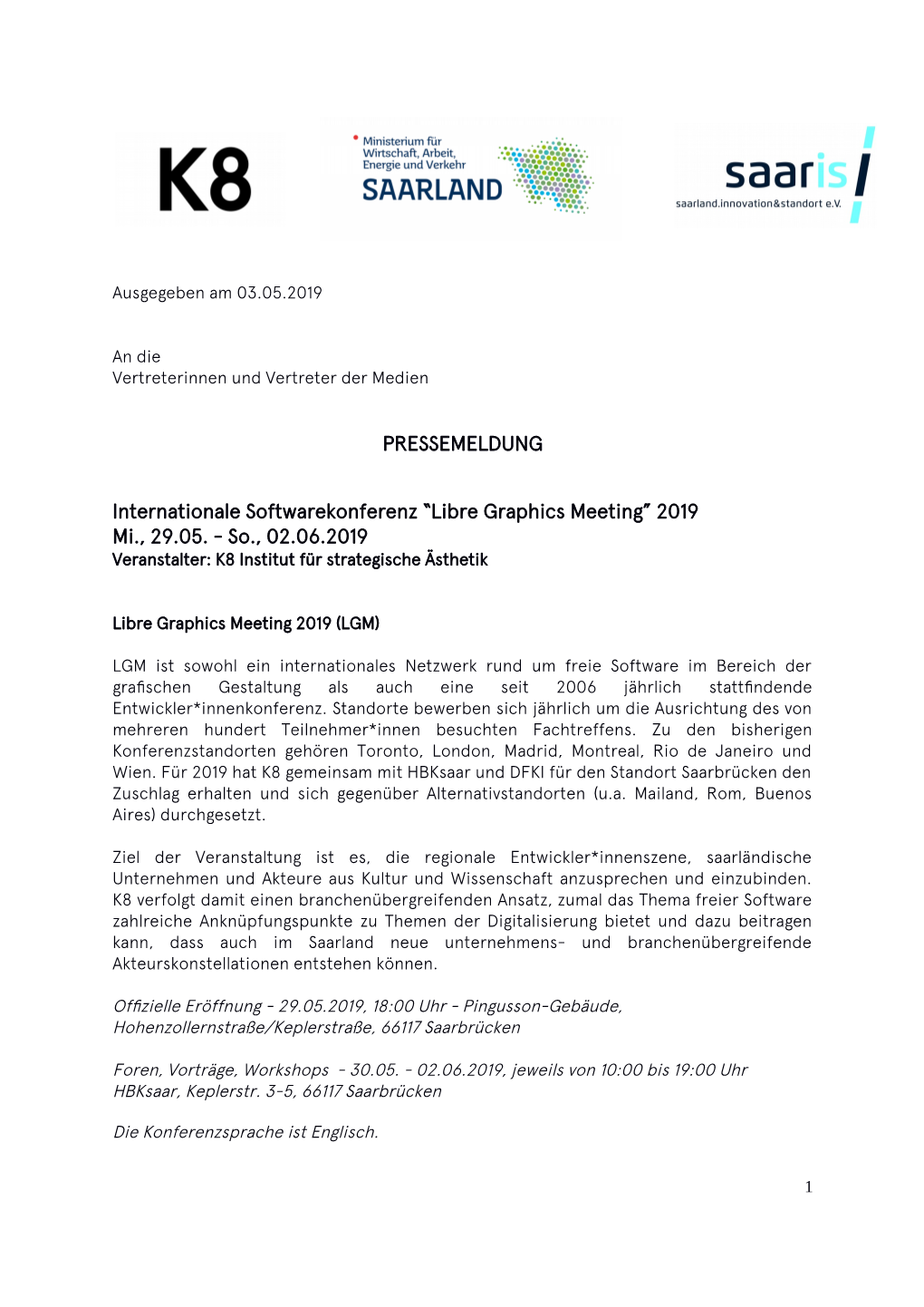 PRESSEMELDUNG Internationale Softwarekonferenz “Libre Graphics Meeting” 2019 Mi., 29.05