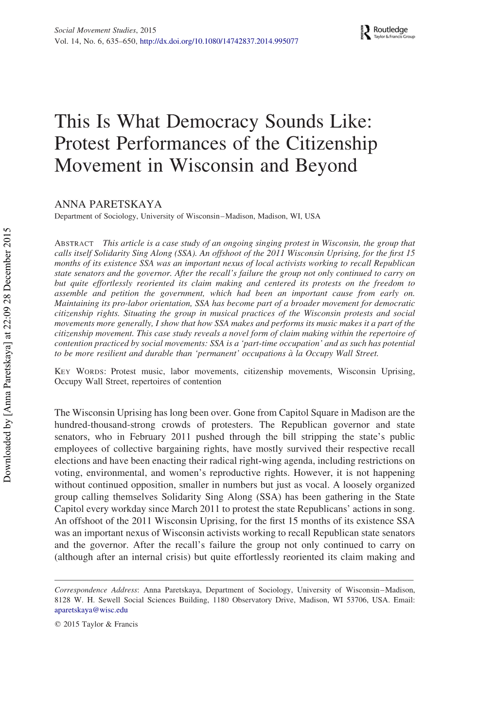 This Is What Democracy Sounds Like: Protest Performances of the Citizenship Movement in Wisconsin and Beyond