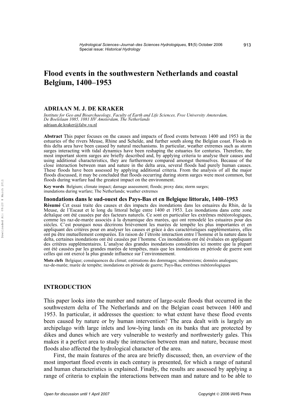 Flood Events in the Southwestern Netherlands and Coastal Belgium, 1400–1953