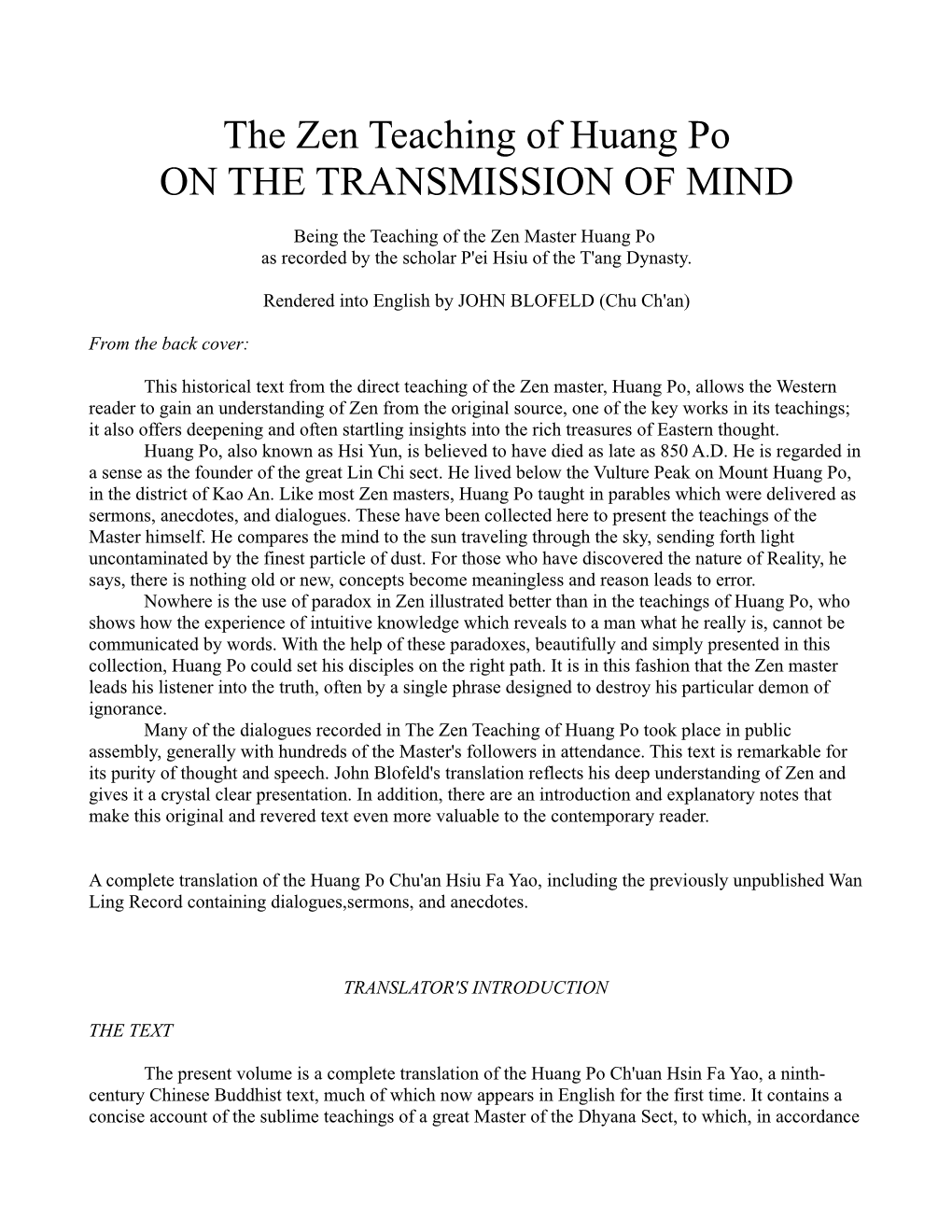 The Zen Teaching of Huang Po on the TRANSMISSION of MIND