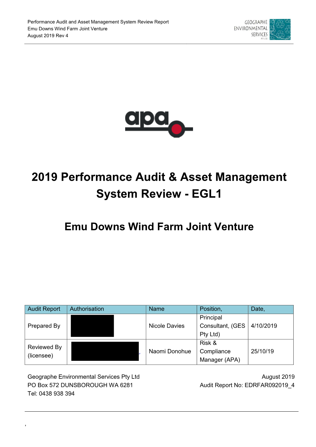 2019 Performance Audit & Asset Management System Review
