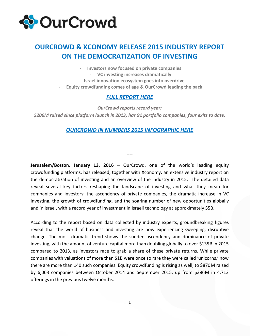 Ourcrowd & Xconomy Release 2015 Industry Report On