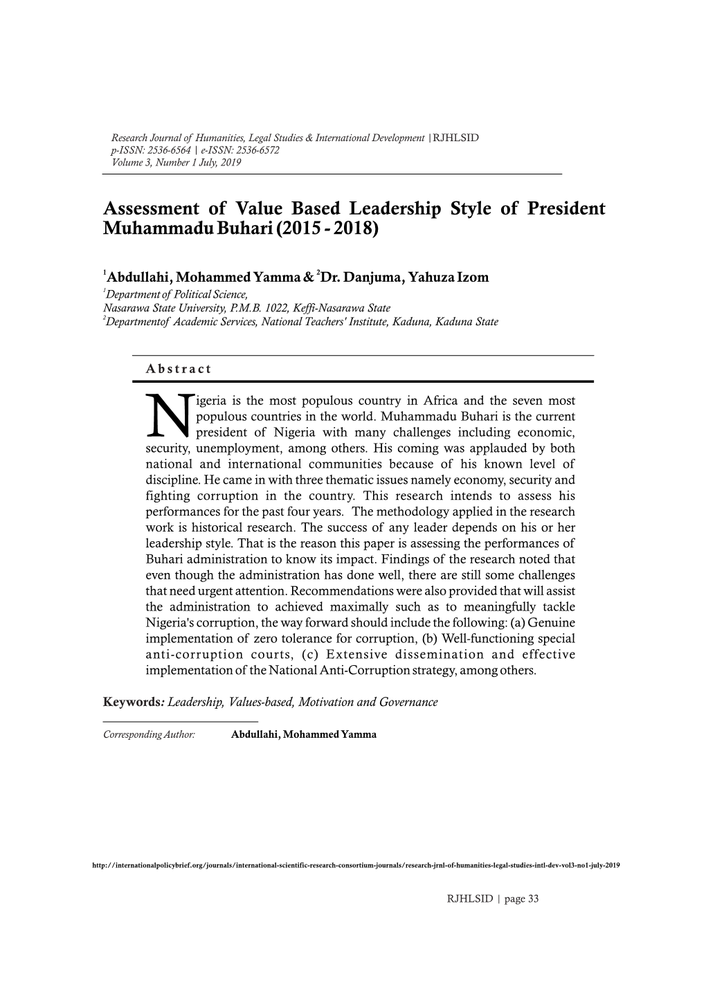 Assessment of Value Based Leadership Style of President Muhammadu Buhari (2015 - 2018)