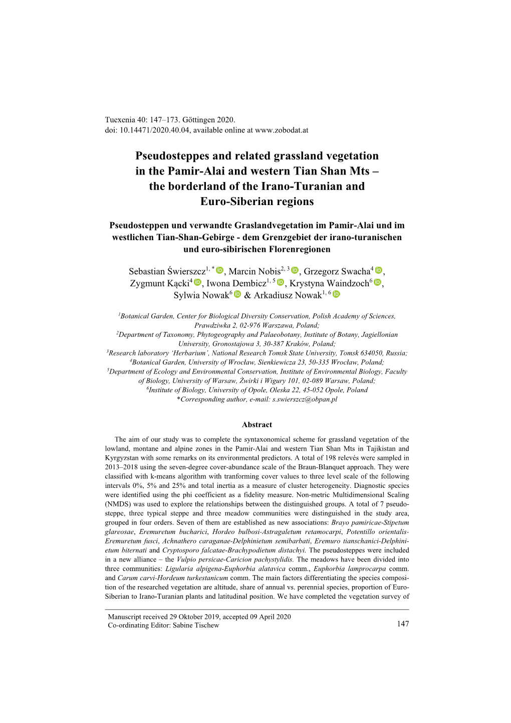 Pseudosteppes and Related Grassland Vegetation in the Pamir-Alai and Western Tian Shan Mts – the Borderland of the Irano-Turanian and Euro-Siberian Regions