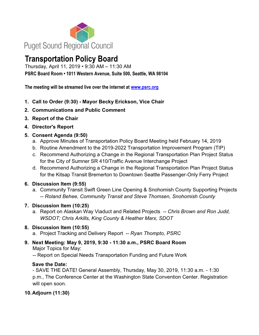Transportation Policy Board Agenda