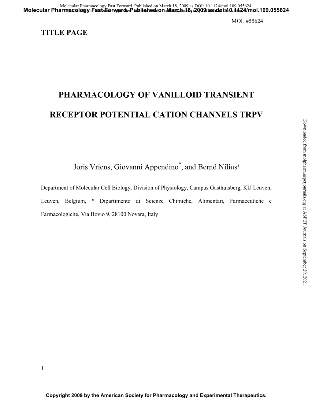 Pharmacology of Vanilloid Transient Receptor