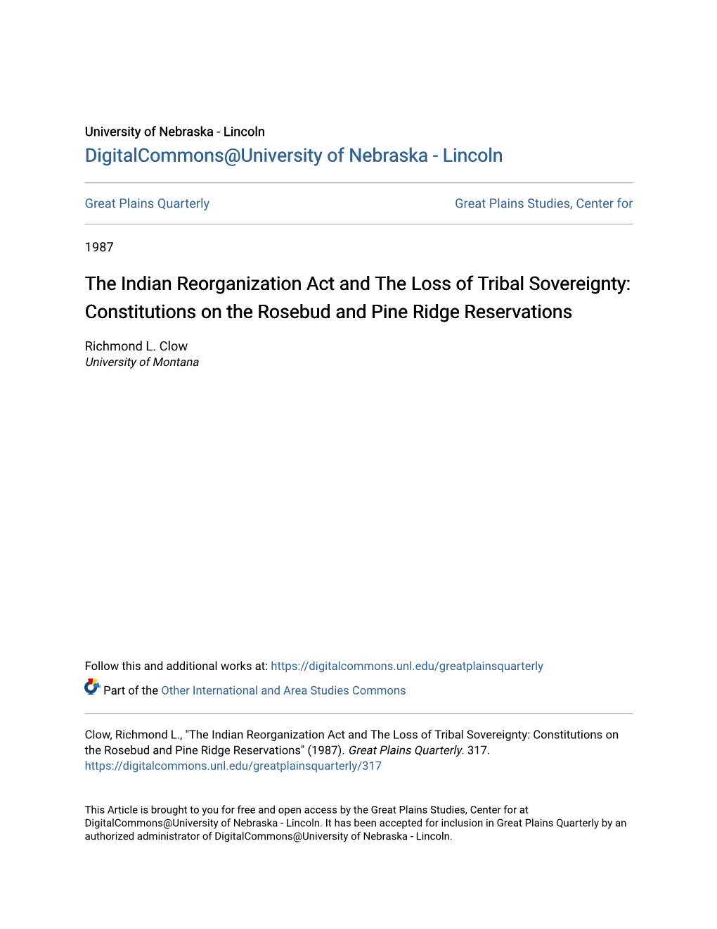 The Indian Reorganization Act and the Loss of Tribal Sovereignty: Constitutions on the Rosebud and Pine Ridge Reservations