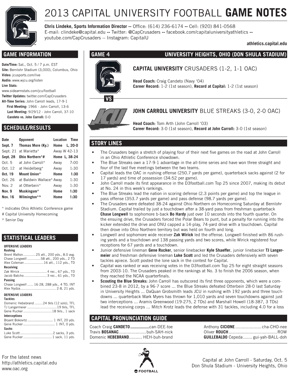 2013 Capital University Football Game Notes