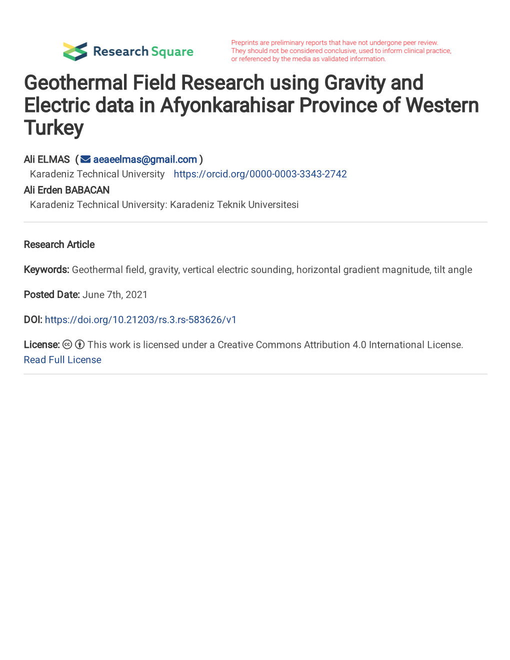 Geothermal Field Research Using Gravity and Electric Data in Afyonkarahisar Province of Western Turkey