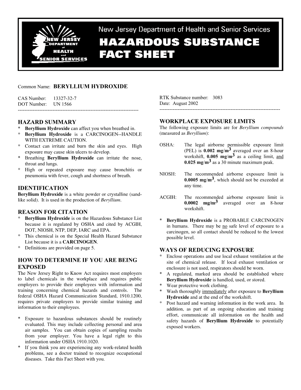 Beryllium Hydroxide Hazard Summary Identification