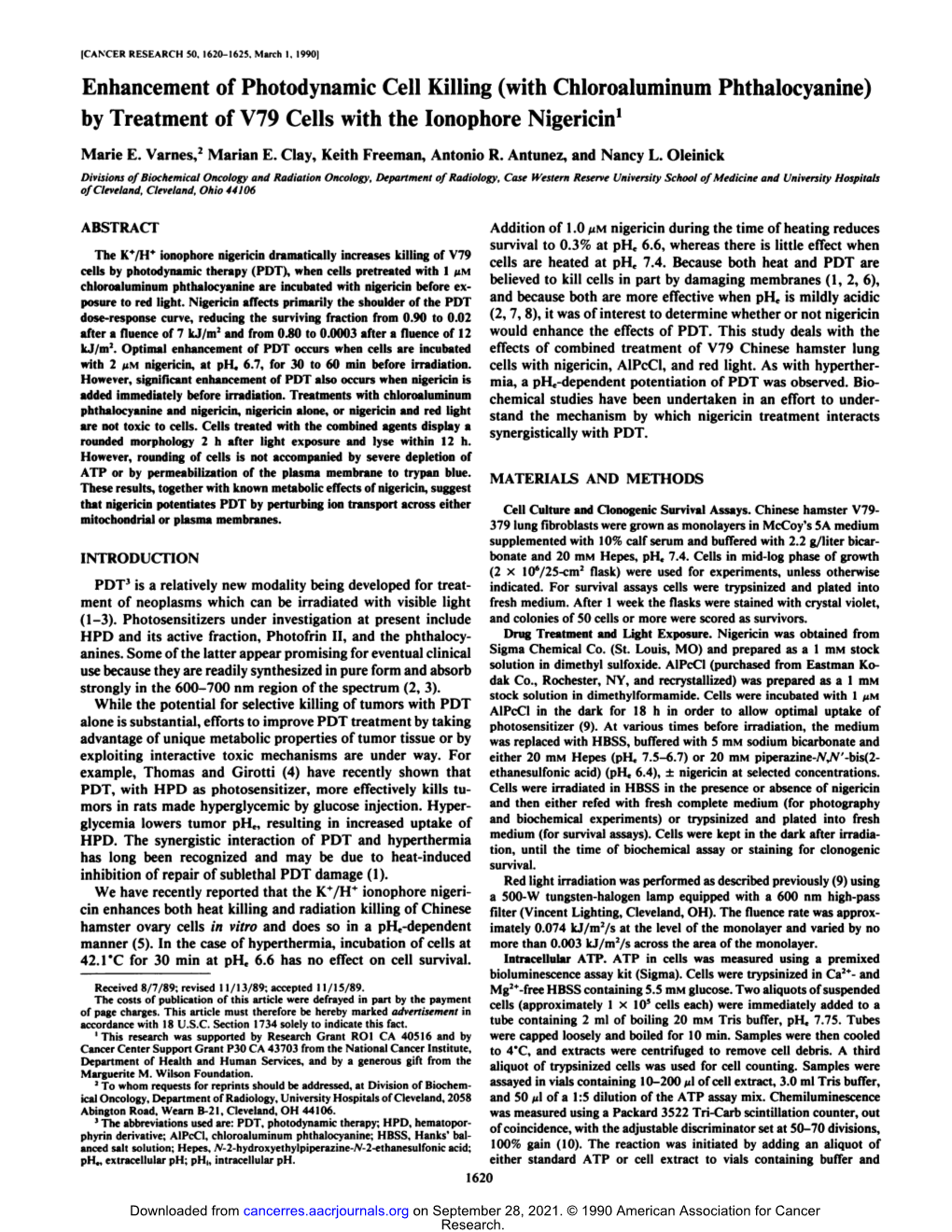 With Chloroaluminum Phthalocyanine) by Treatment of V79 Cells with the Lonophore Nigericin1