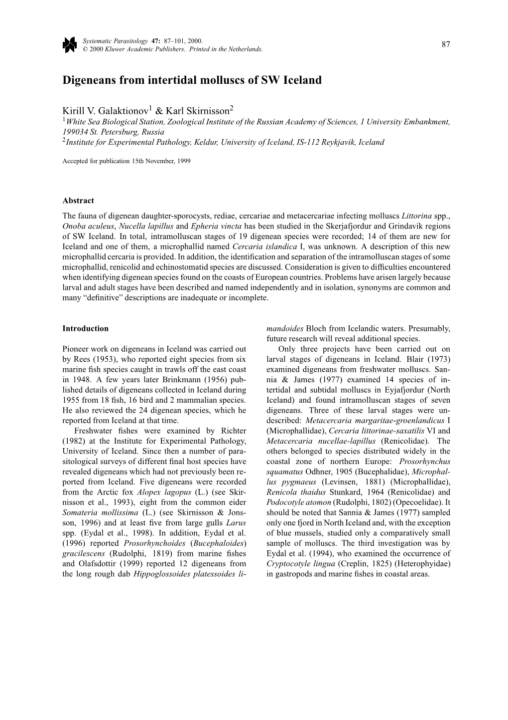 Digeneans from Intertidal Molluscs of SW Iceland