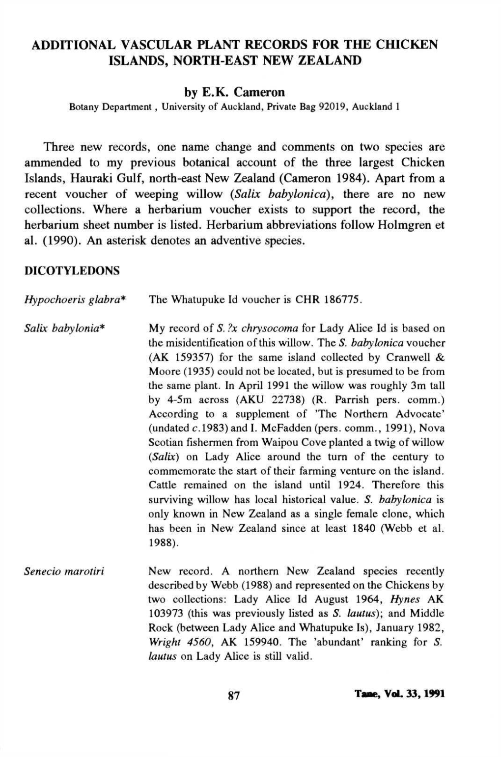 Additional Vascular Plant Records for the Chicken Islands, North-East New Zealand