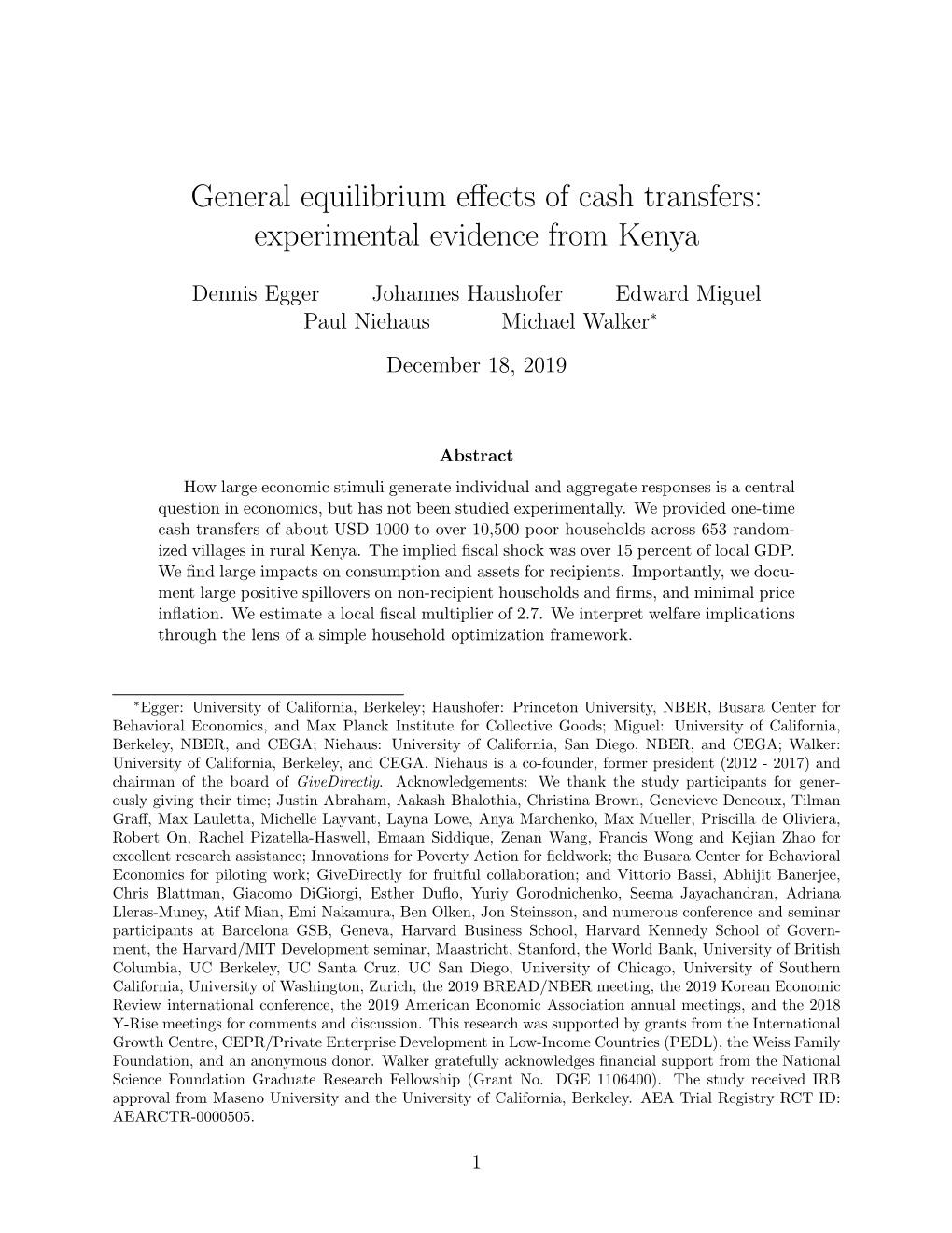 General Equilibrium Effects of Cash Transfers