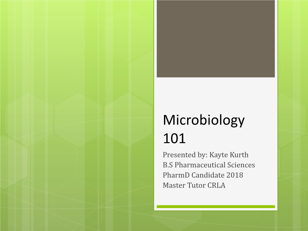 Microbiology 101 Presented By: Kayte Kurth B.S Pharmaceutical Sciences Pharmd Candidate 2018 Master Tutor CRLA Learning Objectives