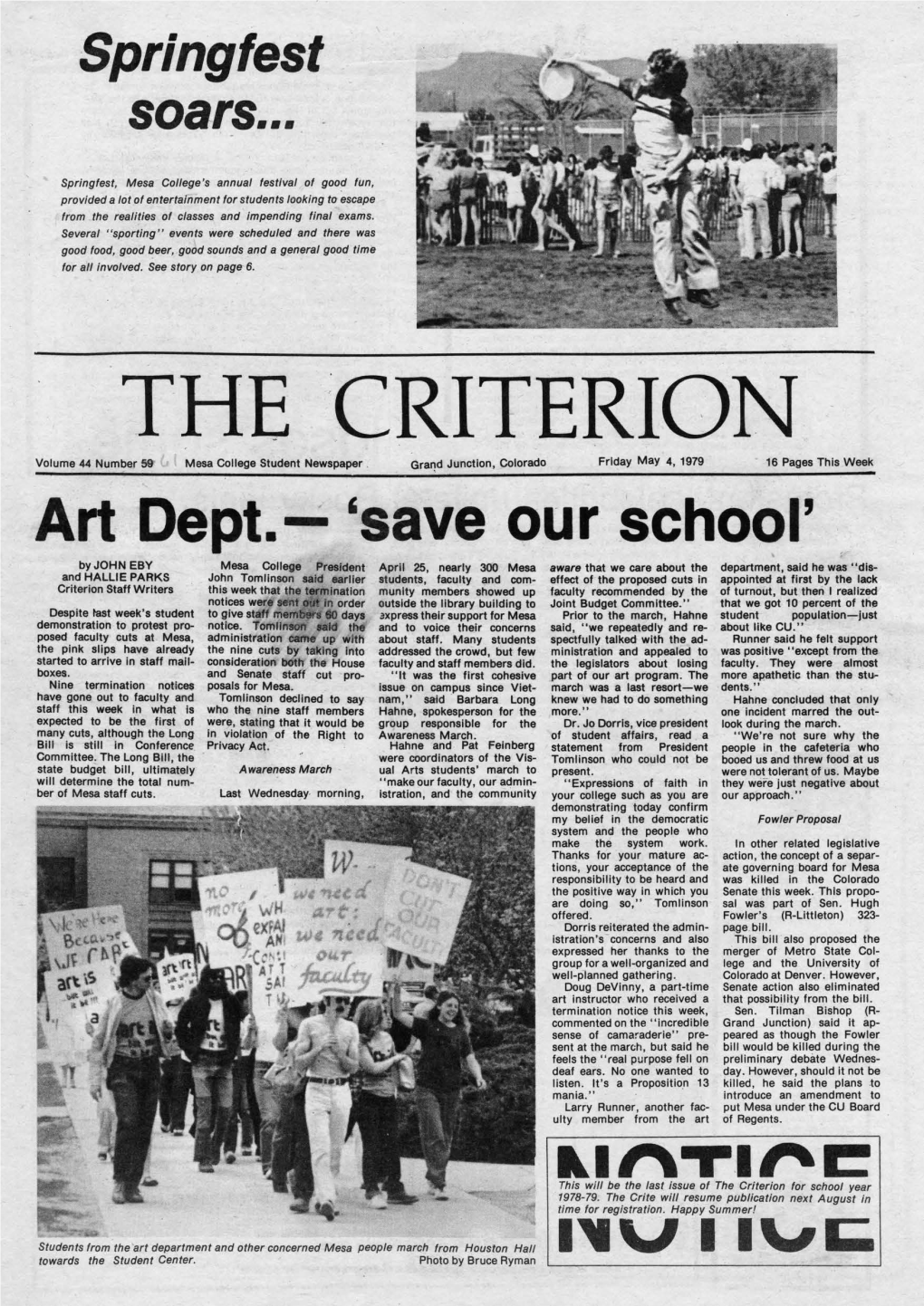Art Dept. 'Save Our School' by JOHN EBY Mesa College President April 25, Nearly 300