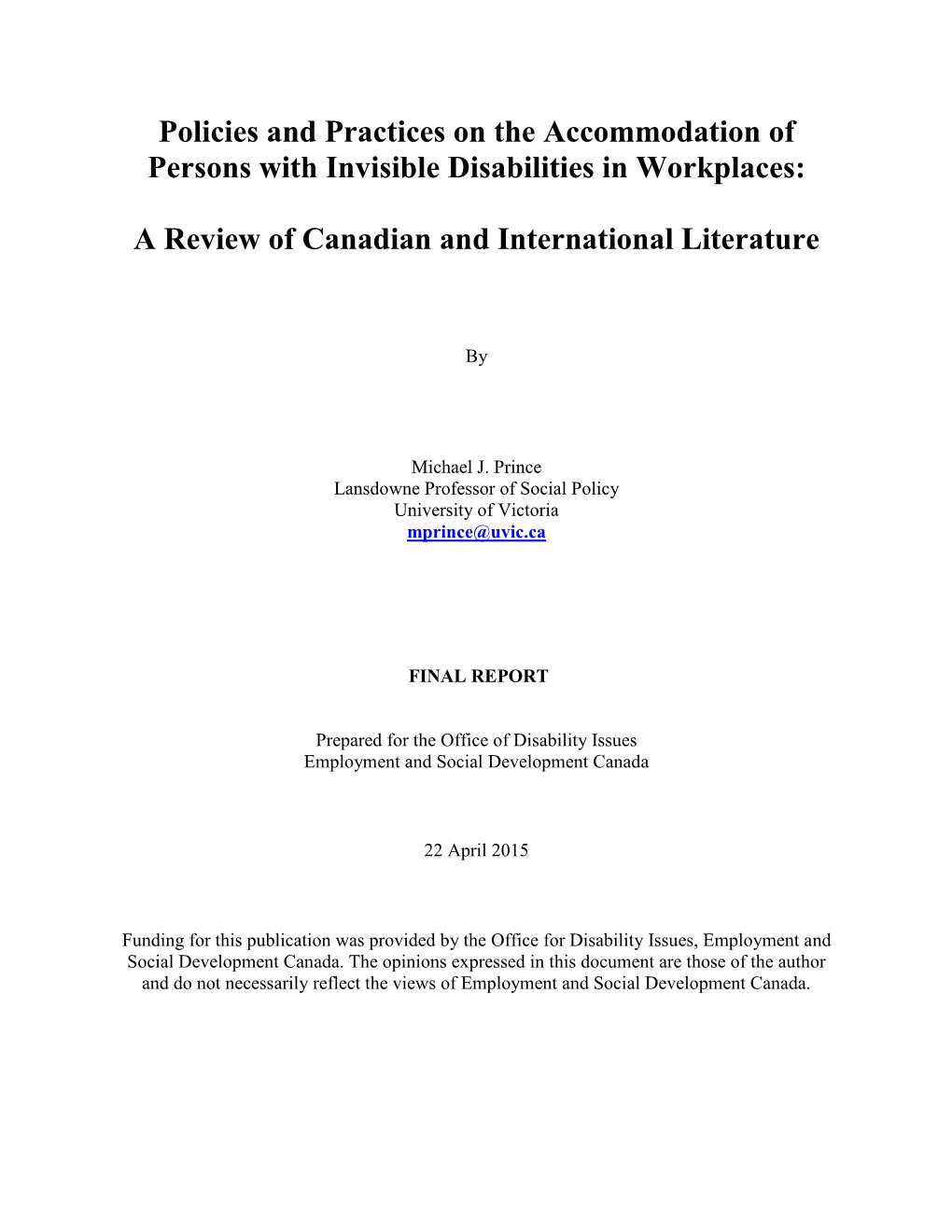 Policies and Practices on the Accommodation of Persons with Invisible Disabilities in Workplaces