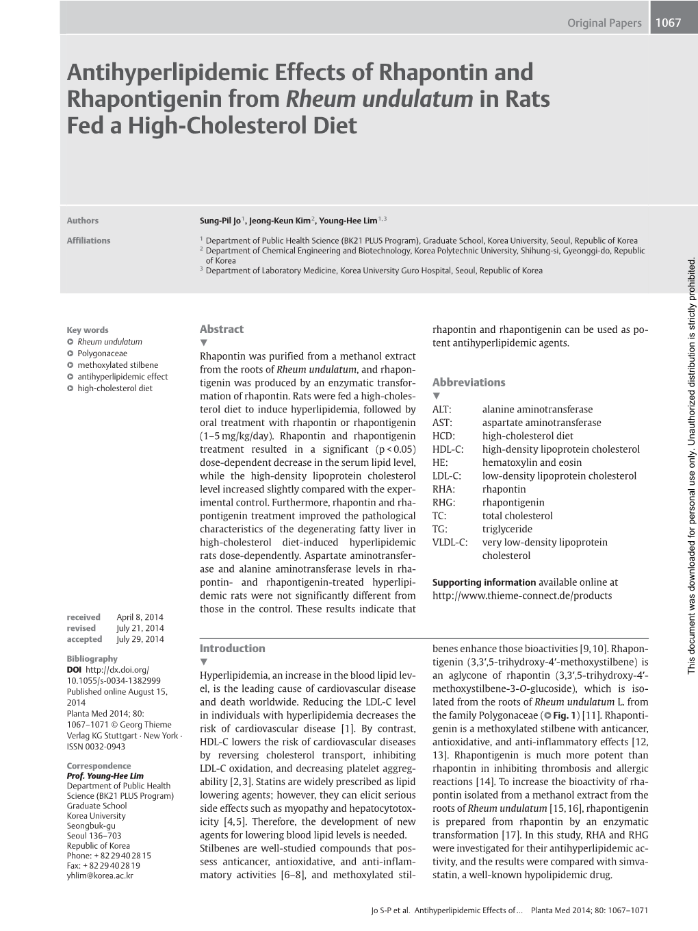 Antihyperlipidemic Effects of Rhapontin and Rhapontigenin from Rheum Undulatum in Rats Fed a High-Cholesterol Diet